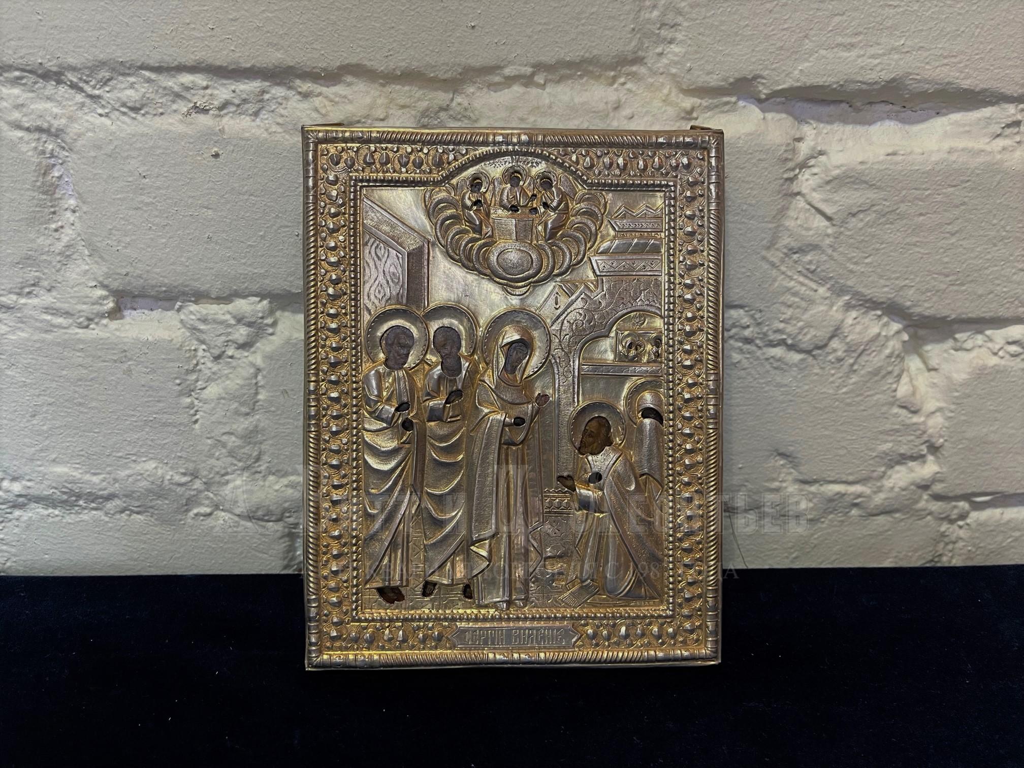 Икона русская старинная антикварная Явление Св. Сергию Радонежскому Богородицы в серебряном окладе